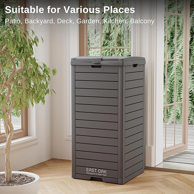 EAST OAK 38 Gallon Outdoor Trash Can | Waterproof Resin Garbage Can with Tiered Lid & Drip Tray | Outside Trash Bin for Patio | Kitchen, Backyard & Deck | Gray Color