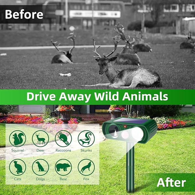 2 Pack Solar Ultrasonic Animal Repellent Raccoon Fortress Pro Outdoor, Deer Repellent with Motion Sensor & Strobe Light,Waterproof Cat Dog Squirrel Rabbit Deterrent for Garden Yard