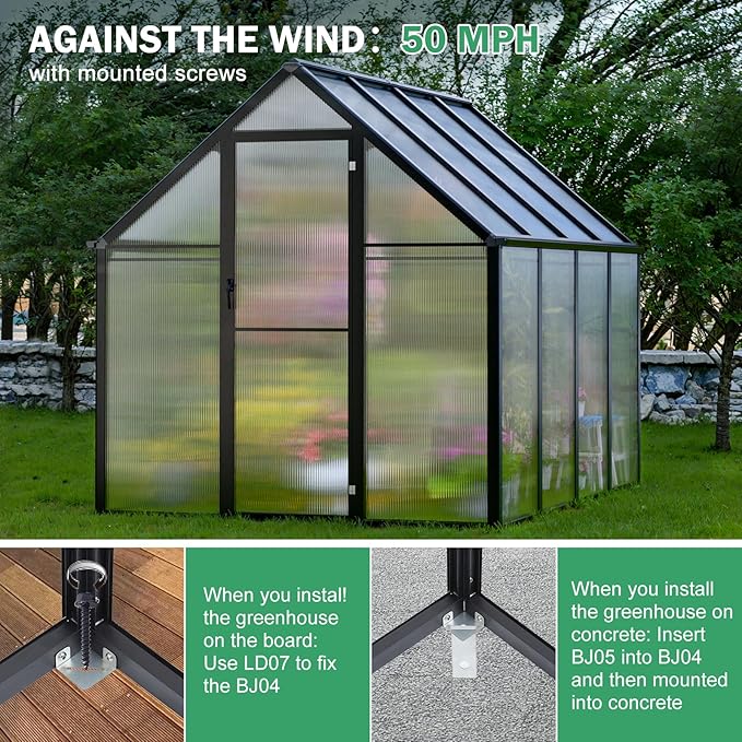 Polycarbonate Greenhouse Kit,8x6x6 FT Outsides Heavy Duty Green House with Transparent Panels Windows Door for Backyard Garden, Outside Walk in Plant Greenhouses,Black Thick Frame