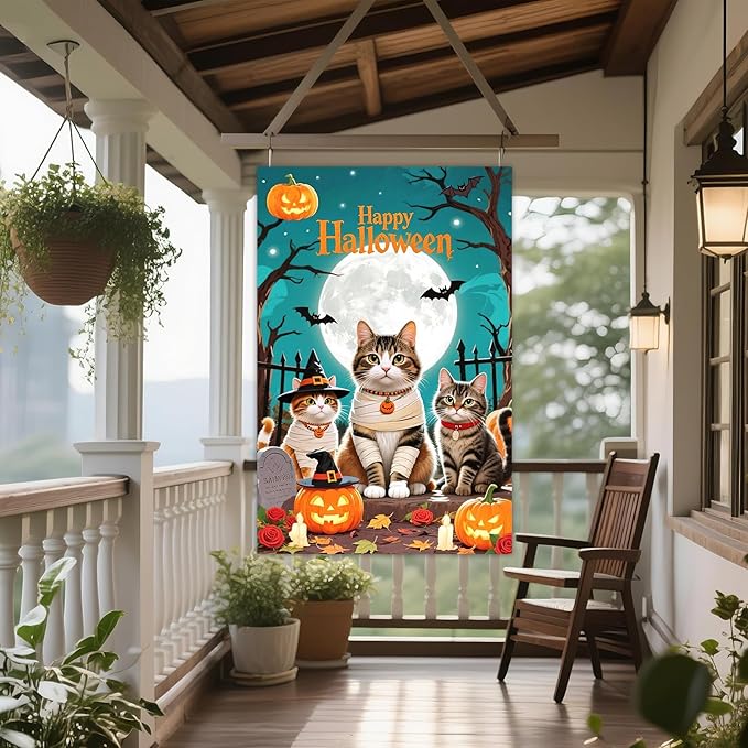 IVN Halloween Cat Garden Flag 28 x 40 Inch Double Sided House Flag with Moon Pumpkin and Bat Design for Spooky Outdoor Porch Decor