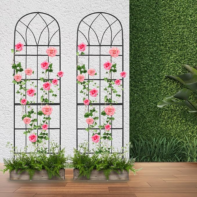 Garden Trellis for Climbing Plants Outdoor, 62"X15" Metal Garden Trellises, Decorative Garden Fencing Flower Trellis with Durable Powder Coating for Vines, Vegetable Support, Black (2, Pattern-B)