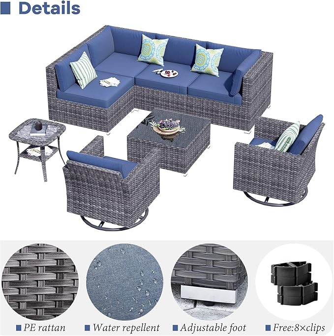 HOOOWOOO 8 Piece Patio Sectional Furniture Set with Swivel Rocking Chairs,Modern Wicker Outdoor Conversation Sofa Sets,Weather Resistant Modular L Shaped Outside Couch Set(Denime Blue)