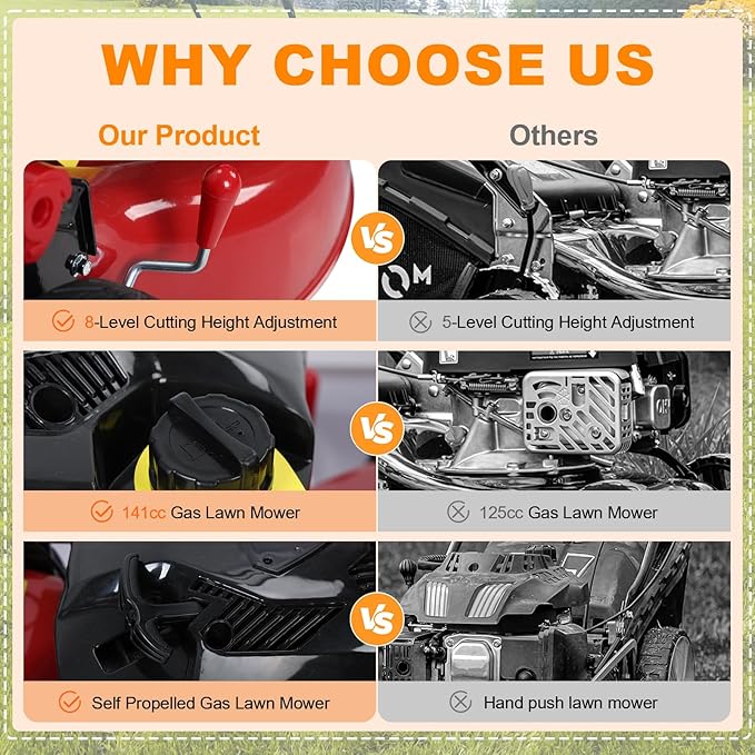 3 in 1 Gas Lawn Mower Self Propelled,141 OHV Engine with Air Cooling, 20" Steel Deck, 8-Level Height Adjustment, 50L Grass Tank, Foldable Design Red