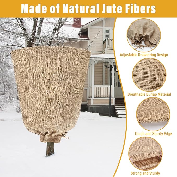Riare 2 Packs 32 × 40 Inch Burlap Winter Plant Cover Bags with Drawstring- Reusable Large Burlap Sack Plant Frost Protector, Plant Frost Cloth Cold Tree Freeze Blanket for Outdoor Plants Shrubs Fruit