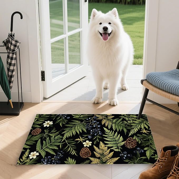 Green Herb Leaves Indoor Outdoor Rugs,Forest Berries Pine Cones Doormat Outside Entrance,Non-Slip Welcome Mat Indoor Felt Floor Mat for Back Door Patio, Porch,Home Entryway,30 x 17 Inch
