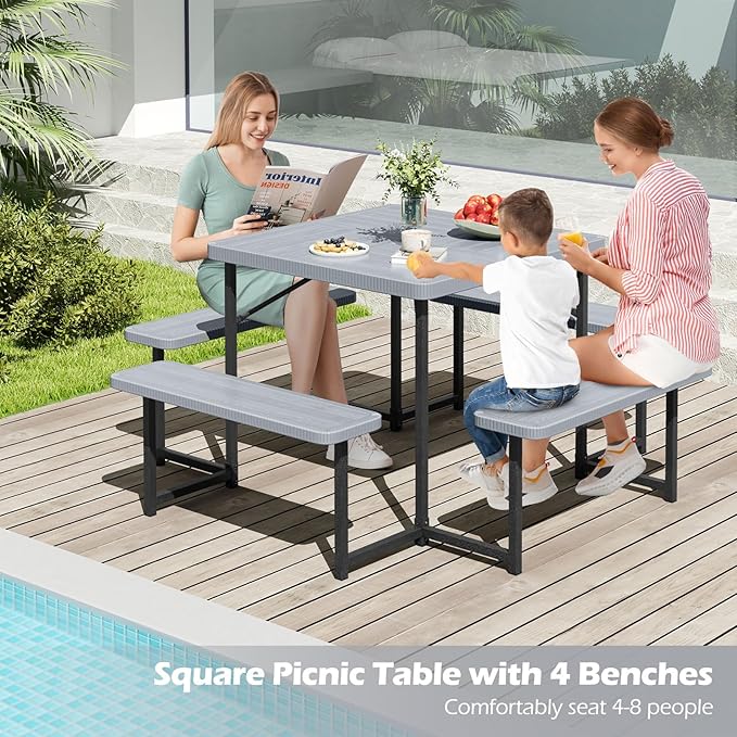 Tangkula 8 Person Picnic Table, HDPE Outdoor Square Table and Bench Set with 4 Built-in Benches, Umbrella Hole, Metal Frame for Garden Yard Patio Lawn