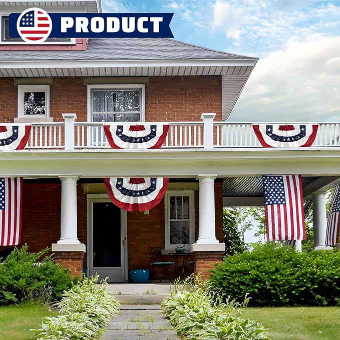 3Pack Pleated Fan Flag, 2x4 Feet Bunting Decoration Flags Embroidered Patriotic Stars & Sewn Stripes Canvas Header Brass Grommets
