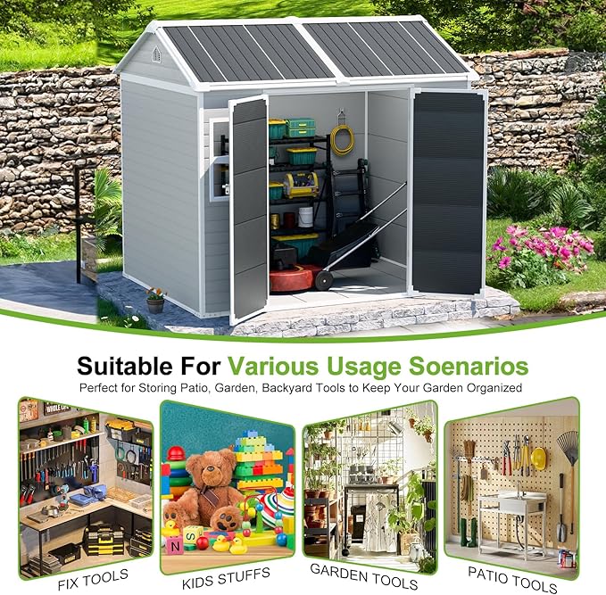 8x6 Shed Plastic Outdoor Storage with Floor Included, Waterproof Lockable Garden Shed Resin Tool Shed Cabinet
