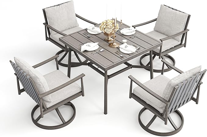 HAPPATIO 5-Piece Outdoor Dining Set for 4, Aluminum Patio Dining Set Includes 1 Large Square Table with Umbrella Hole & 4 Swivel Dining Chairs, Patio Furniture Set for Lawn, Porch, Backyard (Grey)