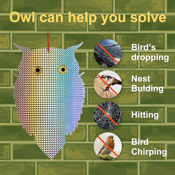 OFFO Owl Decoy to Scare Birds Away Bird Device (No Bell) for Woodpecker Pigeon Plastic Hanging Outdoors Reflective Keep Birds Away Home and Garden 1 PCS