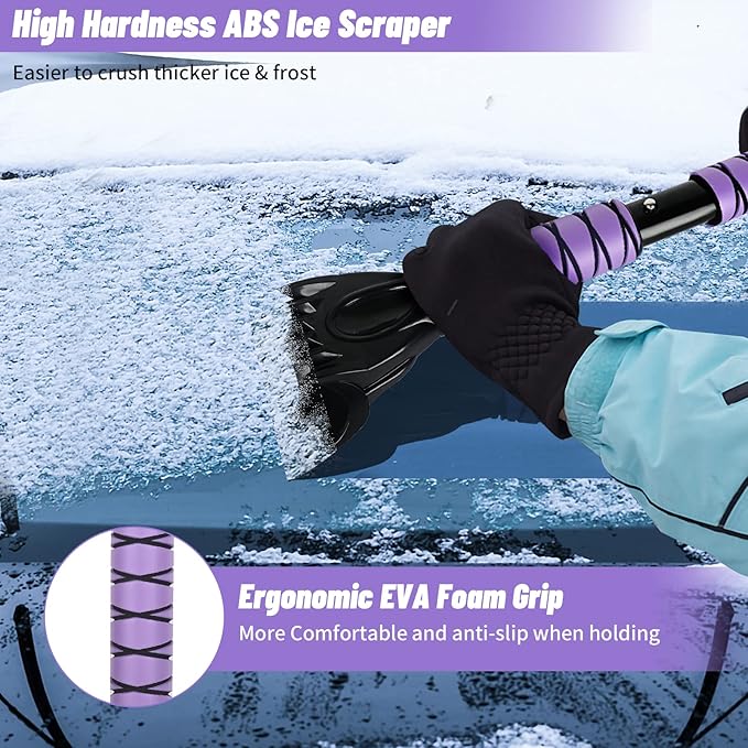 44" Ice Scraper and Snow Brush for Car Windshield with Extendable, 360° Pivoting, Soft Bristle Head, Foam Grip, for Car, Truck, SUV Window Tool (Purple)
