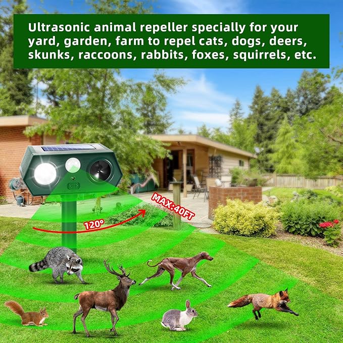 2025 Racoon Squirrel Sonic Fortress Pro Rabbit Repellent Outdoor, Solar Ultrasonic Animal Repeller Deer Deterrent with Motion Sensor&Flash Light to Scare Cat Dog Skunk Out of Garden Farm Yard(4Pack)