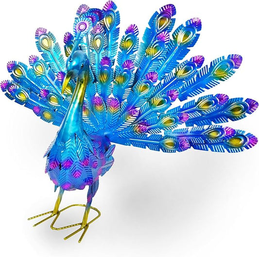 MACLARONX Metal Peacock Garden Yard Art Outdoor Statue Standing Sculpture for Backyard Lawn Patio Home Decorations, 17'' W Multi-Color, Blue-peacock