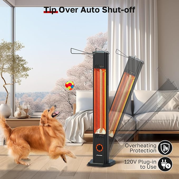 Outdoor Electric Patio Heater, ThermoMate 1500W Freestanding & Wall-mounted Infrared Heater with Remote, 8 Heat Levels, 8H Timers, Tip-Over & Overheat Protection, IP65 Waterproof Tower Space Heater