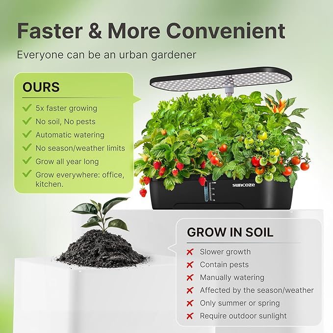 SUNCOZE Hydroponics Growing System Kit 12 Pods, Indoor herb Garden with 20W LED Grow Light, Visible Water Tank with Pump, 2.2"-12.4" Adjustable Height Indoor Gardening System, Gardening Gifts, Black