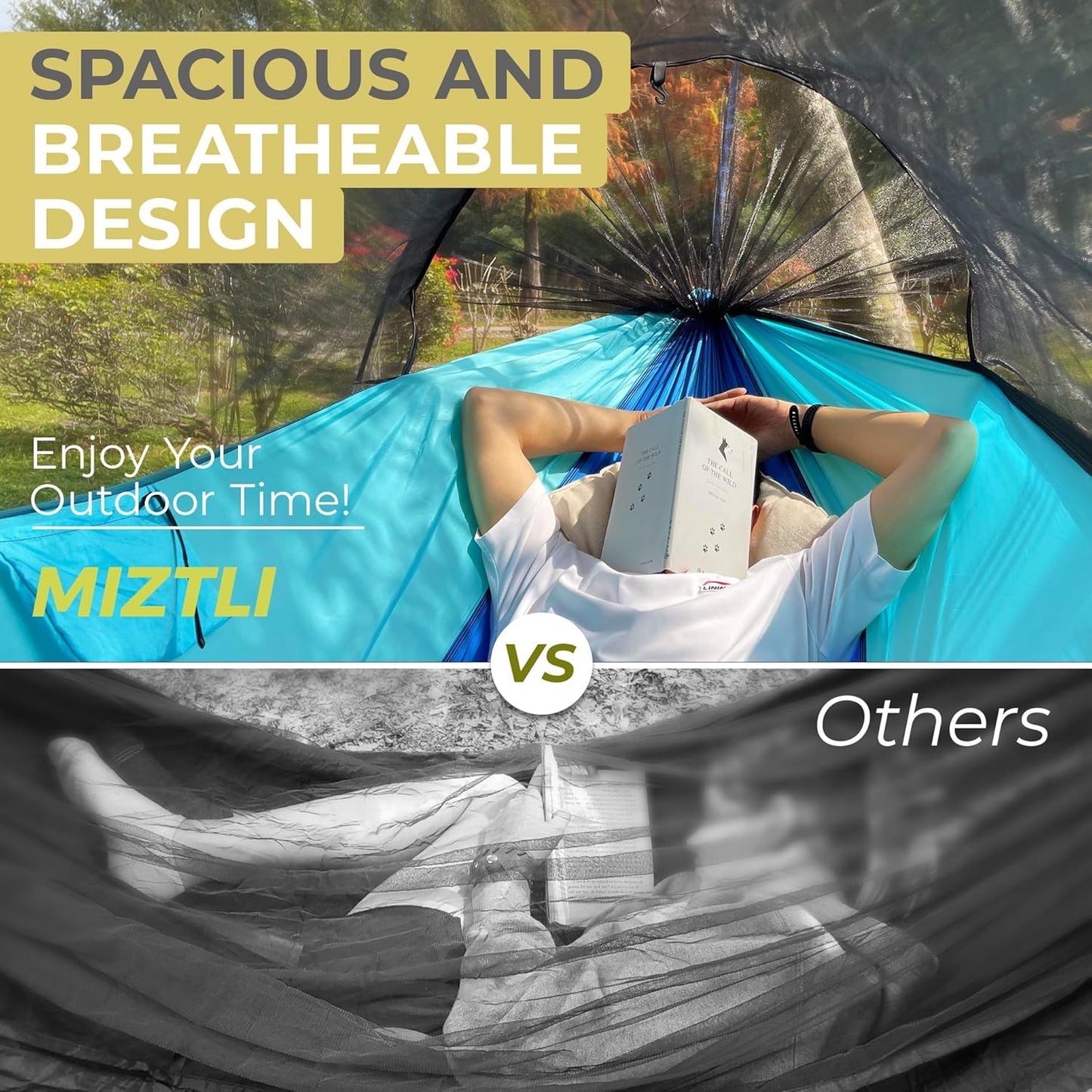 Miztli Camping Hammock -Portable Hammock w/Spacious Net & Tree Straps w/Adjustable Loops, Double and Single Hammock for Outdoor, Indoor, Hiking and Travel