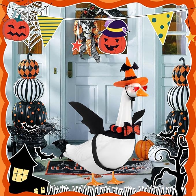 Halloween Porch Goose Outfit Set for 23'' Plastic Statue Lawn Porch Goose Clothes with Bat Wings Halloween Costumer for Indoor Outdoor Patio Yard Lawn Art Decor