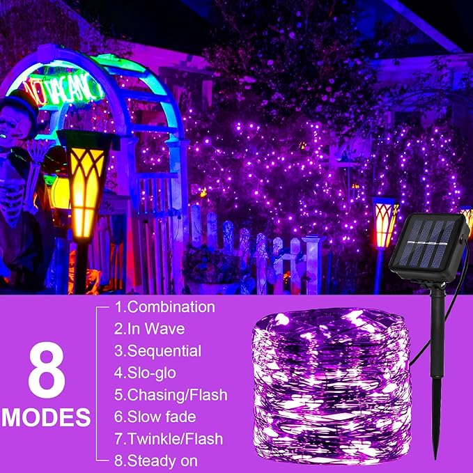 Solar Powered String Lights Outdoor, 2 Pack Total 200 LED 66FT Solar Powered Halloween Decorative Fairy Lights 8 Modes Black Wire for Halloween, Garden, Patio, Party, Yard, Christmas(Purple)