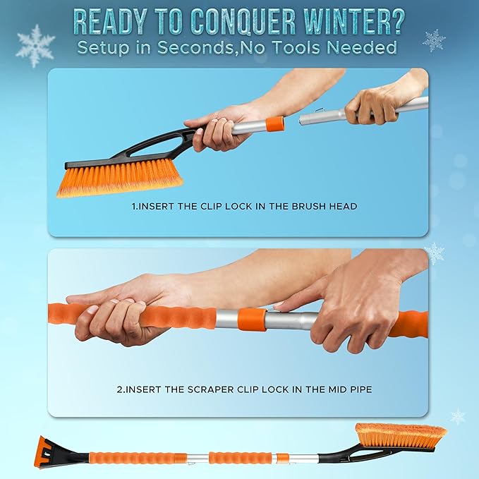 EcoNour 43" Ice Scrapers for Car Windshield Extendable | 3 Parts Detachable Telescopic Snow Brush for Car, Trucks, SUV | Long Snow Scraper with Brush | Car Winter Accessories