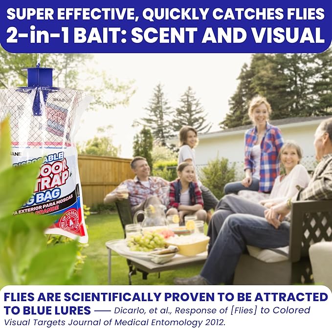 Fly Traps Outdoor Fly Trap for Patio. 4 Large Non-Toxic Pre-Baited Flies Bags Outdoor Disposable. Big Hanging Bug Catchers for All Filth Flies Killer for Outside Bug Control in Yard Horse Ranch