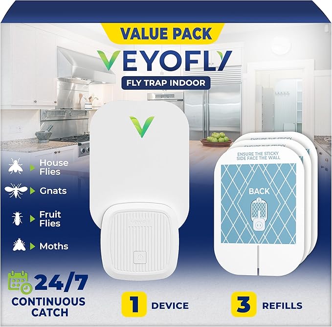 VEYOFLY Fly Trap Indoor, Fruit Fly Traps for Indoors, (1 Device + 3 Refills) Gnat Traps for House Indoor, Fly Catcher Indoor, Plug in Light Flying Insect Trap, Bug Light Killer, Fly Trap