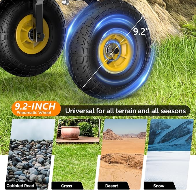 VINGLI Steel Garden Wagon Cart on Wheels, 330lb Load Capacity, Removable Heavy Duty Wooden Side Panels, with Extendable Handle and 10inch All-Terrain Tires, Wheelbarrow for Yard Landscaping (Yellow)