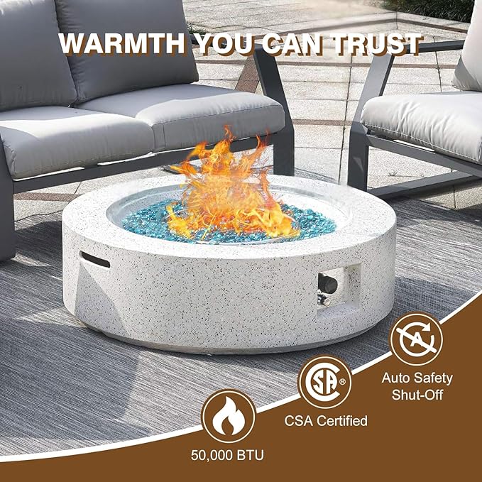 2-Piece Outdoor Propane Fire Pit Table Set – Premium Terrazzo-Like MgO Finish, Round Gas Fire Table with Tank Table for Patio, Garden & Backyard, Includes Rain Cover & Glass Beads