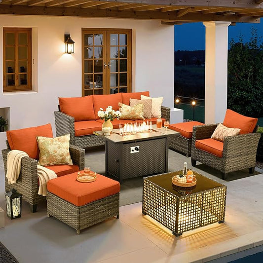 ovios 7 Pieces Patio Furniture Set with 42" Fire Pit Table, Outdoor Sofa Couch with Solar Lights Table Comfy Cushions, Modern Deep Seat Wicker Rattan Conversation Set, Orange Red