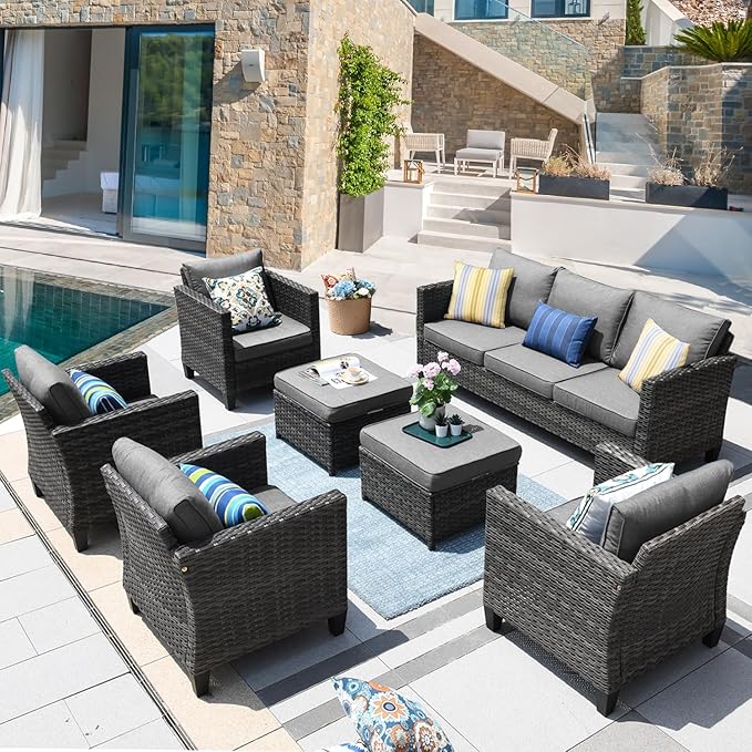 ovios Patio Furniture Set, 7 Pieces Outdoor Wicker Sofa Couch with 4 Chairs, Ottomans and Comfy Cushions, All Weather High Back Rattan Conversation Set, Dark Grey