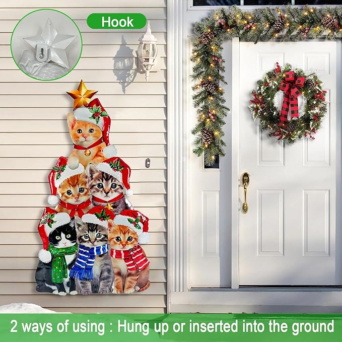 Metal Cats Christmas Tree Yard Sign,Cat Decorations Outdoor,Christmas Lawn Sign,Pet Theme Holiday Decor for Garden,Patio,and Pathway