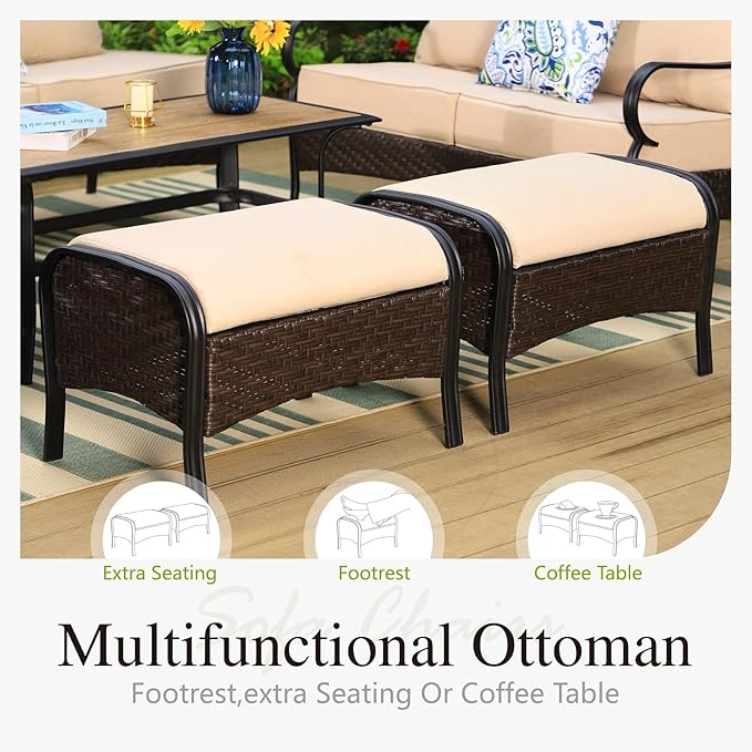 Sophia & William Patio Furniture Set, Outdoor Metal Conversation Set 7 Seats with 3-Seater Sofa, 2 Swivel Chairs, 2 Ottoman, 1 Coffee Table for Seating Lawn Porch Backyard,Beige
