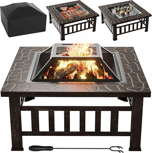Flamaker Outdoor Fire Pit 32 Inch Firepit Tables Backyard Mutifunctional Square Metal Stove Wood Burning with Cover Poker for Patio, Camping, Bonfire (Copper)