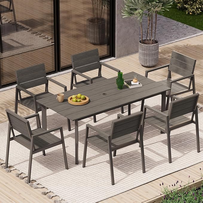 67" Rectangle HDPS Patio Dining Table, Aluminum Outdoor Patio Dining Table with Umbrella Hole, Weather-Resistant for Lawn, Garden, Yard, Poolside and Indoor Use, Charcoal