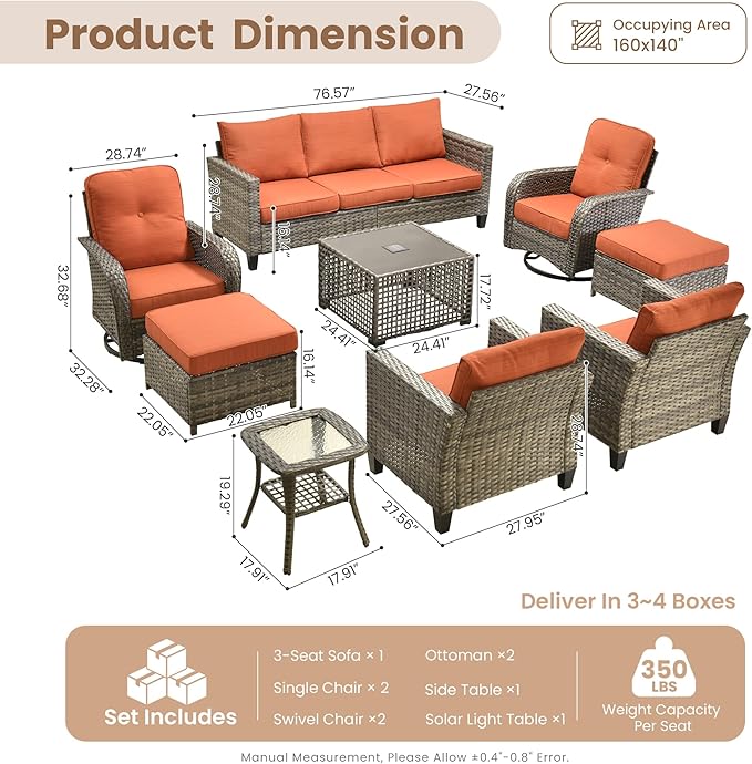 HOOOWOOO Outdoor Patio Furniture Set,9 Pieces Wicker Conversation Set,All Weather Couch Set with Swivel Chairs Solar Light Table Ottoman 9 Seaters for Out Door Yard(Brick Red)