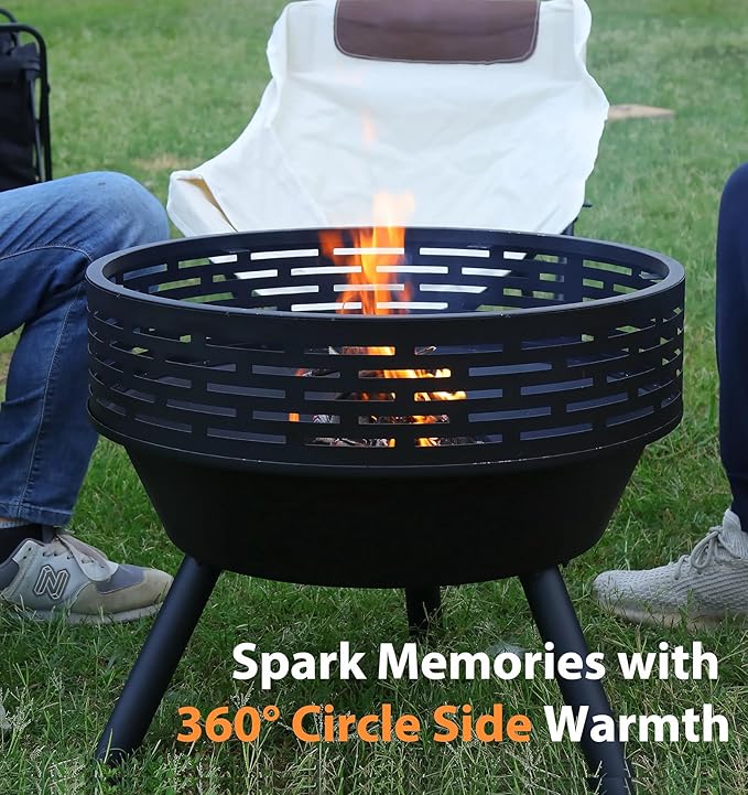 23 Inch Cast Iron Round Fire Pit with Grill, 3-in-1 Outdoor Fire Bowl, Fire Pit Table with Metal Lid and Fire Poker, Wood Burning Firepit for BBQ Bonfire Patio Picnic