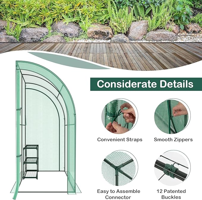 Happygrill Walk-in Greenhouse with 3-Tier Flower Rack, Weatherproof PE Cover & Roll-up Zipper Doors, Lean-to Greenhouse for Garden, Backyard, Balcony