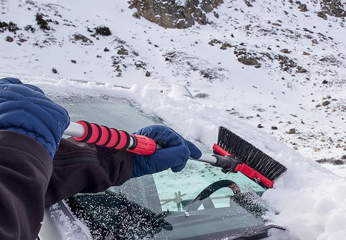 Mallory USA Mini Telescoping 35" Pivoting Dual Head Snow Broom with Squeegee, Integrated Ice Scraper (Red)