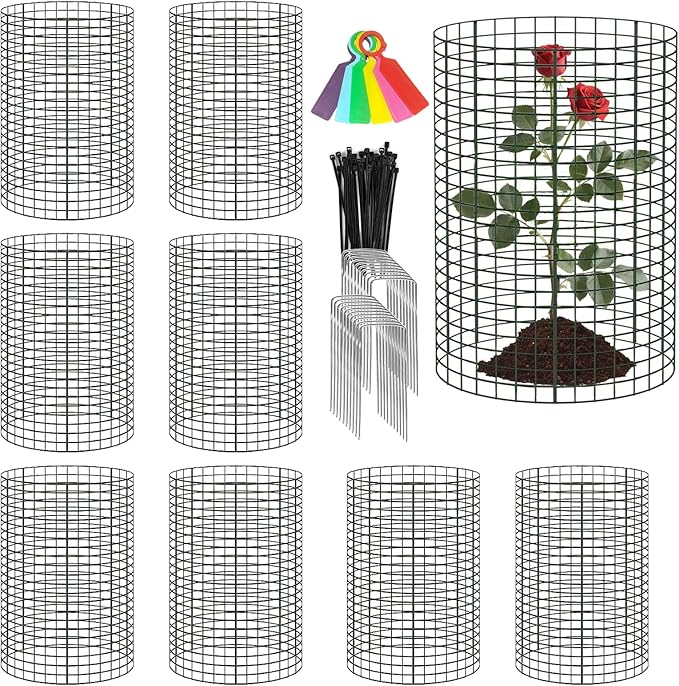 8 Pack 24'' x 12'' Large Wire Plant Protector from Animals, Metal Plant Wire Cage Chicken Wire Cloche with Ground Stakes , Labels and Nylon Tie to Keep Animals Out, Garden Protection Bunny Barricade