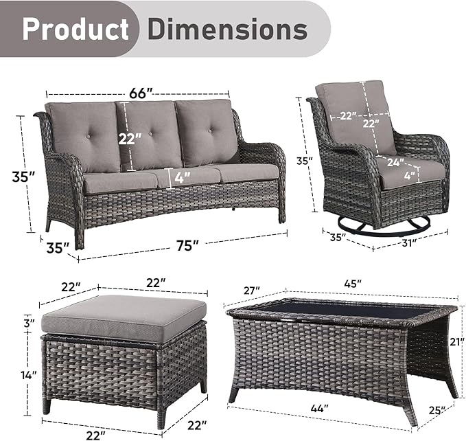 Wicker Outdoor Conversation Set-6 Pieces Outdoor Wicker High Back Couch with Swivel Rocker Chairs Patio Furniture for Deck Poolside Backyard-Grey/Grey