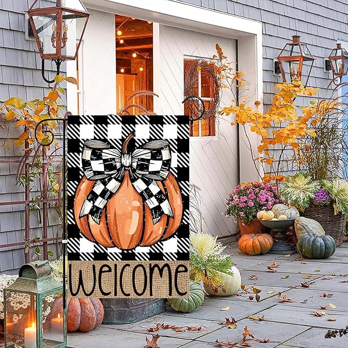 Fall Pumpkin Garden Flags 12x18 Vertical Double Sided, Welcome Fall Yard Flag for Outside, Autumn Thanksgiving Holiday Outdoor Seasonal Decorations for Home