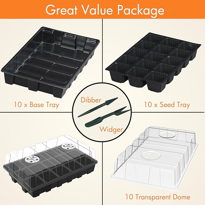 Gardzen 10-Pack Seed Starter Kits, Reusable Plant Germination Trays with Total 150-Cell, Seed Starter Tray with Humidity Vented Domes and Bases for Starting Vegetable Flower Herb Seeds 15" x 9"