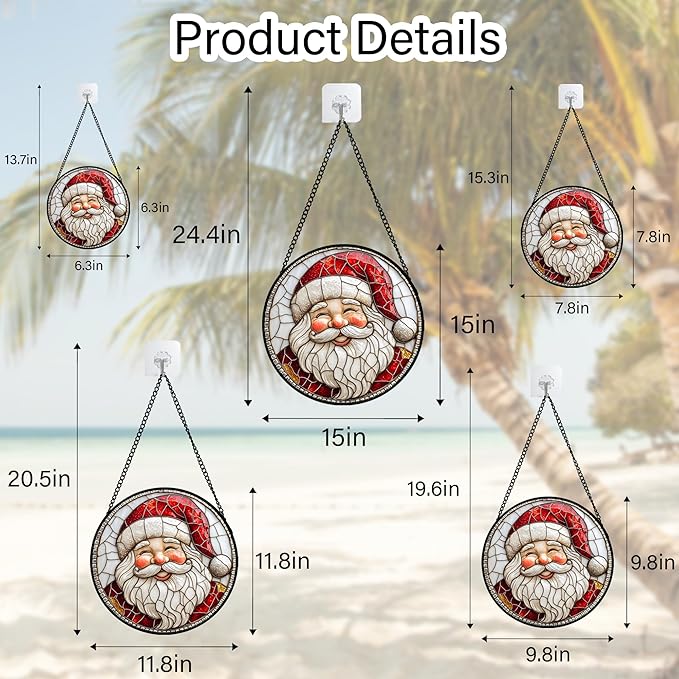 Stained Glass Window Hanging - Red White Santa Claus Suncatcher for Doors Home Christmas Decoration Winter Sun Catcher Thanksgiving New Year Birthday Gifts for Women Men Mom Nana Girl 6.3 in