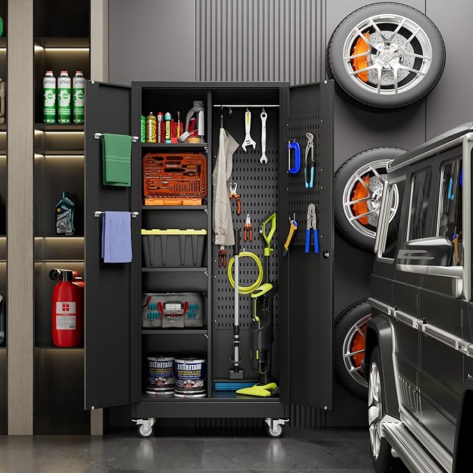 71" H Broom Closet Storage Cabinet with Wheels and Pegboard,Metal Garage Storage Cabinet with Lockable and Magnetic Doors,Adjustable Shelves for Garage Home Office,Required Assembly,Black