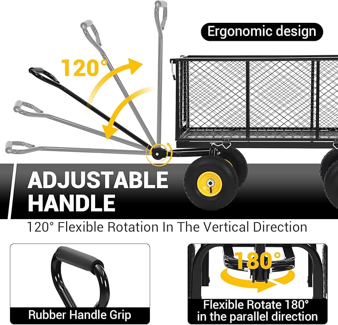 Heavy Duty Steel Garden Cart, 1100 LBS 3 in 1 Pullable Metal Garden Wagon with 10" Wheels, 180° Rotating Handle and Removable Sides for Farm, Yard