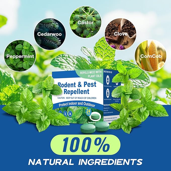 Rodent Mouse Repellent 24 Pack, Peppermint Oil Rat & Mice Repellent, Natural Moth Balls for Rodents Deterrent, Safe for Pets & Humans, Indoor & Outdoor Use, Keep Rodents Away from Garden & Home