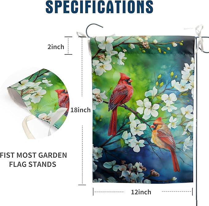 Spring Summer Cardinal Birds Garden Flags for Outside Birds Outdoor Flags Decorative 12x18 Double Sided Floral Welcome Yard Flag Small Red Bird Flag Dogwood Flower Decor
