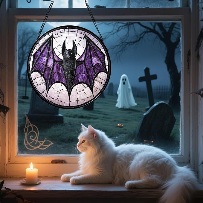 Stained Glass Window Hanging - Halloween Black Bat Purple Wings Monster Suncatcher for Doors Garden Home Spooky Sun Catchers Gothic Decor Horror Gift for Women Men Friend Boy Girl 15 in