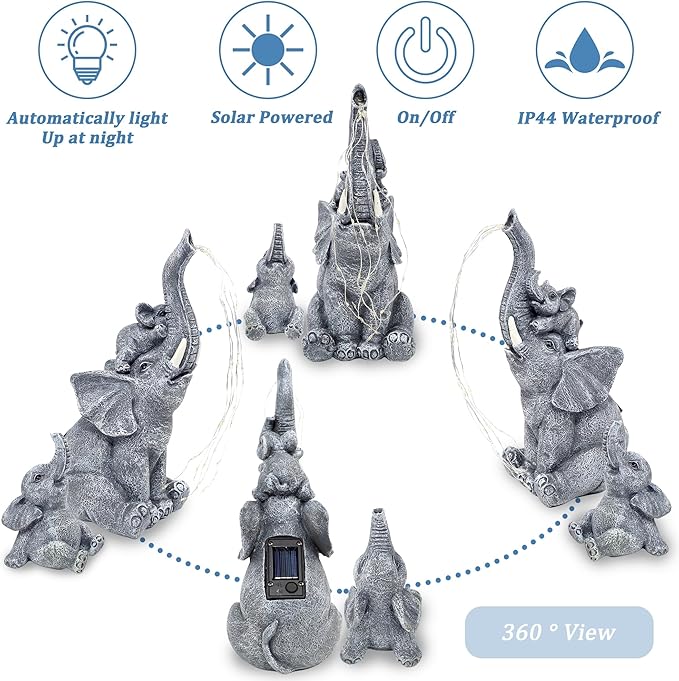 FORUP Garden Elephant Statue, Solar Elephant Statues for Garden Decor, Elephant Figurine with Solar Watering Lights, Elephant Outdoor Sculptures for Outside Porch Patio Balcony Front Yard