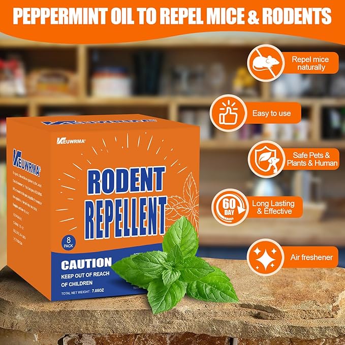 Mouse Repellent, Pest Control, Rodent Repellent Pouches, Mice Repellent, Natural Mice Deterrent for Homes/RVs, Child & Pet Safe Pest Control. Peppermint Oil to Repel Mice and Pouches, 8 Pack.