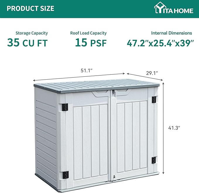 YITAHOME Outdoor Horizontal Storage Sheds w/o Shelf, 35 Cu Ft Lockable Resin Waterproof Shed, Ideal for Garden Tools, Easy to Assemble, Light Gray